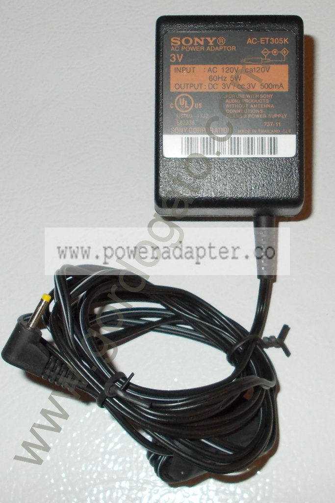 Sony AC-ET305K 3V DC AC Adapter Power Supply [AC-ET305K] Input: AC 120V 60Hz 5W, Output: DC 3V 500mA. Barrel type plug