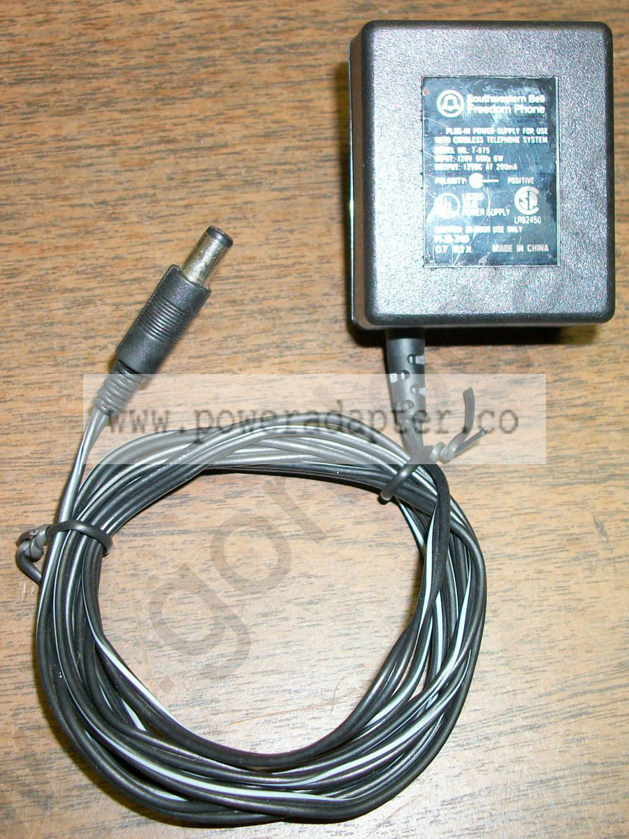 Southwestern Bell Cordless Phone AC Adapter - T-975 [T-975] Input: 120VAC 60Hz 6W Output: 12VDC 200mA. Model T-975 - T