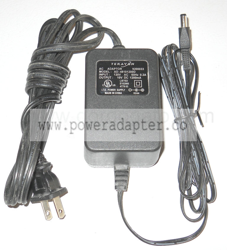 Terayon 9200033 Model AD-48101200D 10V DC, 1200mA AC Adapter Pow [9200033] This AC adapter was from an old cable modem - Click Image to Close