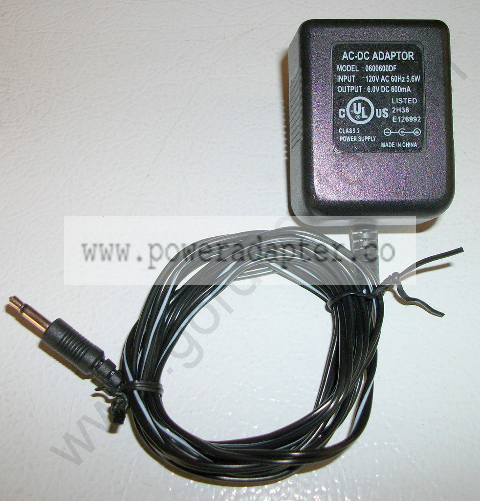 AC-DC Adapter 6.0VDC, 600mA, 1/8 Inch Plug [0600600DF] Input: 120VAC 60Hz 5.6W Output: 6.0VDC 600mA Model 0600600DF -