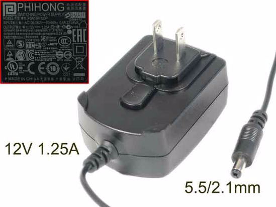 PHIHONG PSA15R-120P AC Adapter 5V-12V 12V 1.25A, 5.5/2.1mm, US 2P Products specifications Model PSA15R-120P Item Condi - Click Image to Close