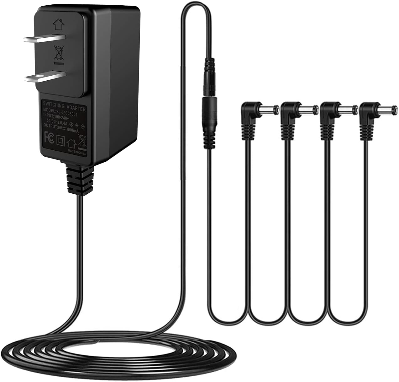 DC 9V Guitar Pedal Power Supply (800mA -1A) AC Wall Charger Adapter with 4 Way Daisy Chain Pedal Cables (8.8 FT), Compat