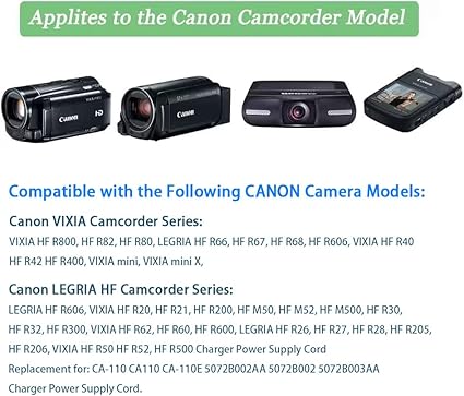 CA-110 Camcorder Charger CA110 Power Adapter Kit fit for Canon VIXIA HF M50 R800 R80 R700 R500 M52 M500 HF-R70 HF-R72 HF