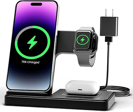 Wireless Charger iPhone Charging Station: 3 in 1 Charger Stand Multiple Devices for Apple - iPhone 16e 16 15 14 Pro Max Wireless Charger iPhone Charging Station: 3 in 1 Charger Stand Multiple Devices for Apple - iPhone 16e 16 15 14 Pro Max