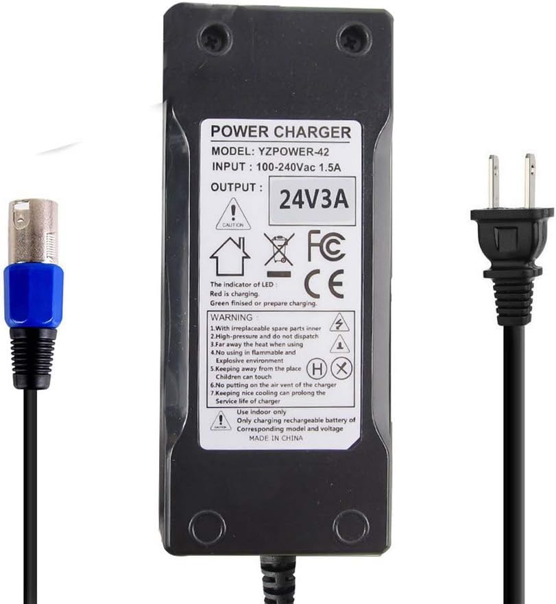 24V 3A Adapter Charger for Jazzy, Pride, S300 S350 S400 S500 S650, Ezip 400 500 650 750 900 Mountain Trailz, Shoprider,