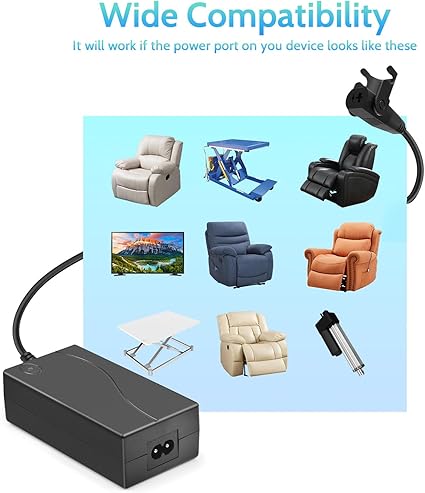 Power Recliner Power Supply, Sopito Universal 2-Pin AC/DC Adapter 100-240V, Quality 29V 2A Switching Transformer, Replac