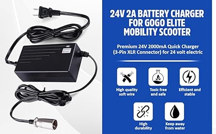 24V 2A Battery Charger for GoGo Mobility Scooter - Premium 24V 2000mA Quick Charger (3-Pin XLR Connector) for Drive Medi