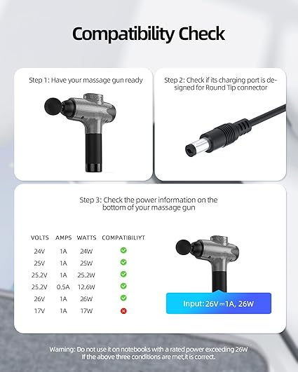 26V Charger for Toloco Massage Gun - Compatible with Toloco EM26,T11 Pro,TO-M63,FCA135-252010 Massage Gun 6FT Power Cord