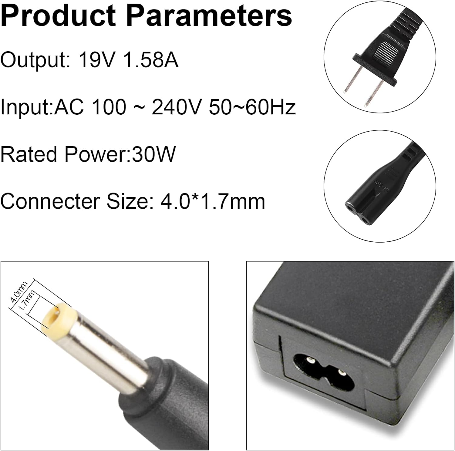 30W AC Adapter Power Charger for HP Mini 700 110 1000 1010 1100 CQ10, 496813-001 NA374AA#ABA PPP018H - 19V 1.58A - 12 Mo