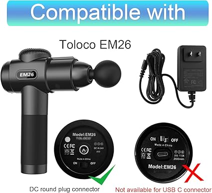 EM26 Massage Gun Charger Replacement for TOLOCO EM26, AERLANG EM13 / Darkiron EM31 Massage Gun 24V Power Adapter Chargin