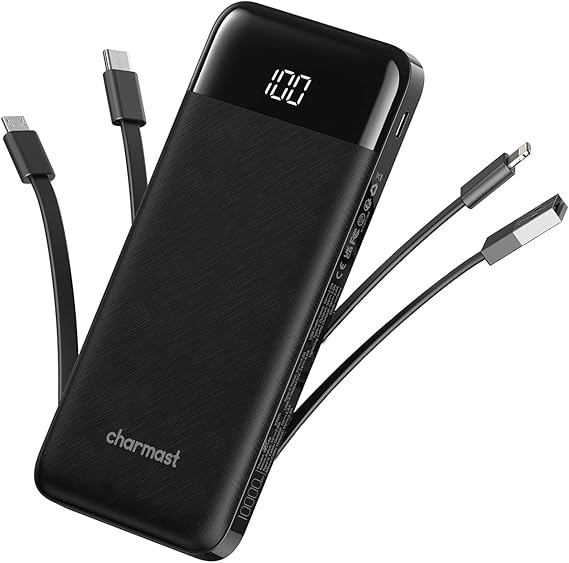 Portable Charger with Built in Cables, Portable Charger with Cords Wires Slim 10000mAh Travel Essentials Battery Pack 6