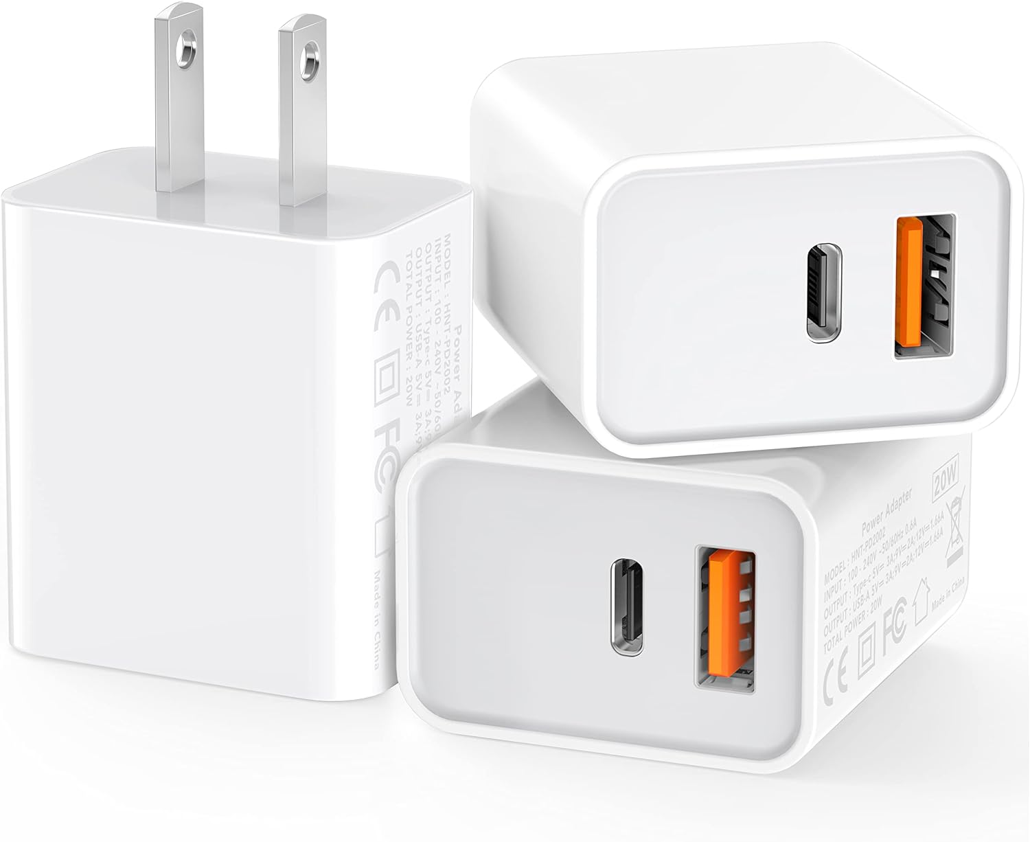 [3 Pack] USB-C Wall Charger, 20W Durable Dual Port QC+PD 3.0 Power Adapter, Double Fast Plug Charging Block for iPhone 1