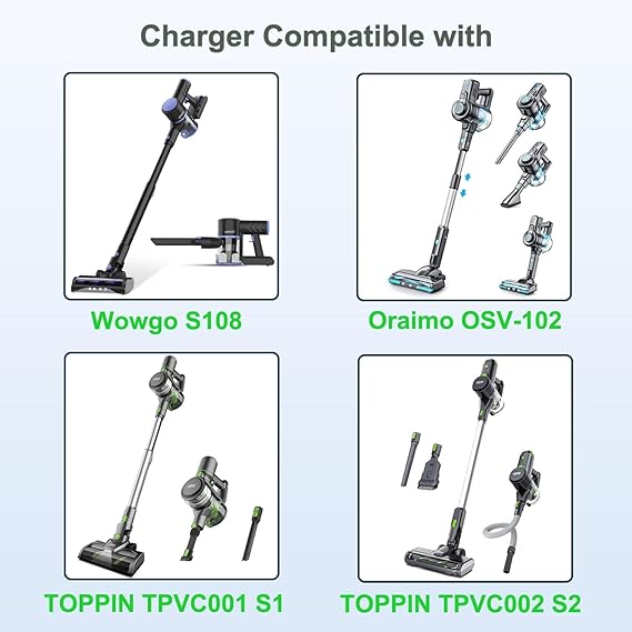 Vauucm Charger comaptible with Wowgo Cordless Vacuum Cleaner S108, for Oraimo OSV-102 Cordless Stick Vacuum, for TOPPIN