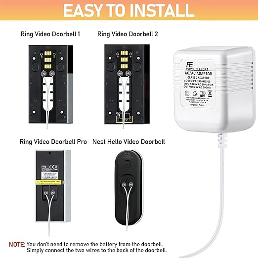 Doorbell Transformer 24V Adapter for Ring Video Doorbell, 16.4ft Long C Wire Power Supply, Compatible with Ring, Nest He