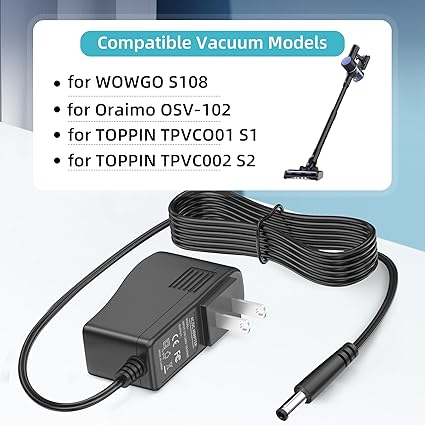 Charger for Wowgo S108 Cordless Vacuum Cleaner Power Cord for Oraimo OSV-102 Cordless Stick Vacuum Adapter for TOPPIN TP