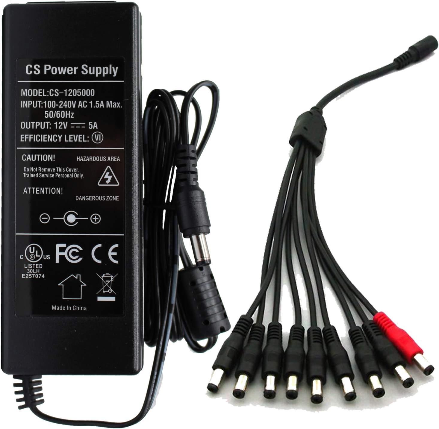 AC to DC 12V 5A Power Supply Adapter with 9 Way Splitter Cable, Plug 5.5 x 2.1mm for Led Light Strips, NVR DVR Security