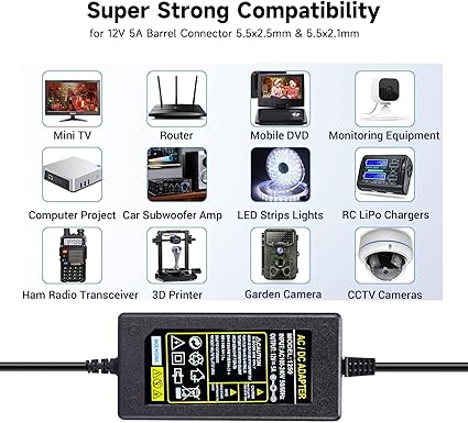 Replacment for Sceptre Monitor Power Cord 12V 5A AC Adapter for Sceptre EC Series 32" 30" 27" 24" 22" 20" 19" 15" E248W