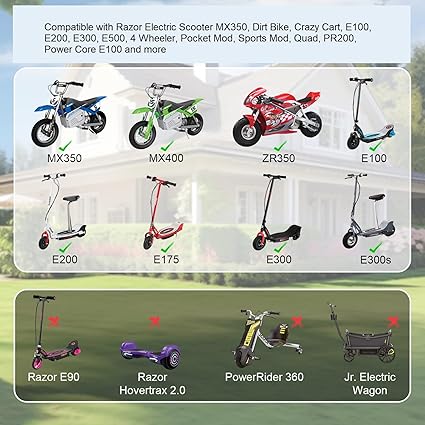 Charger for Razor E100 Scooter, MX350, Dirt Bike, E200, E300, MX400 Rocket, Mod, Quad, Crazy Cart Battery Replacement 24