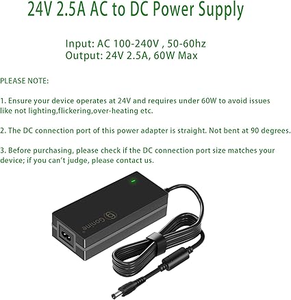 24V 2.5A DC Power Supply Adapter, AC 100-240V 50-60Hz to 24Volts 2.5Amps Transformer for 24Vdc 0.1A~2.5A 1A 1.5A 2A Devi