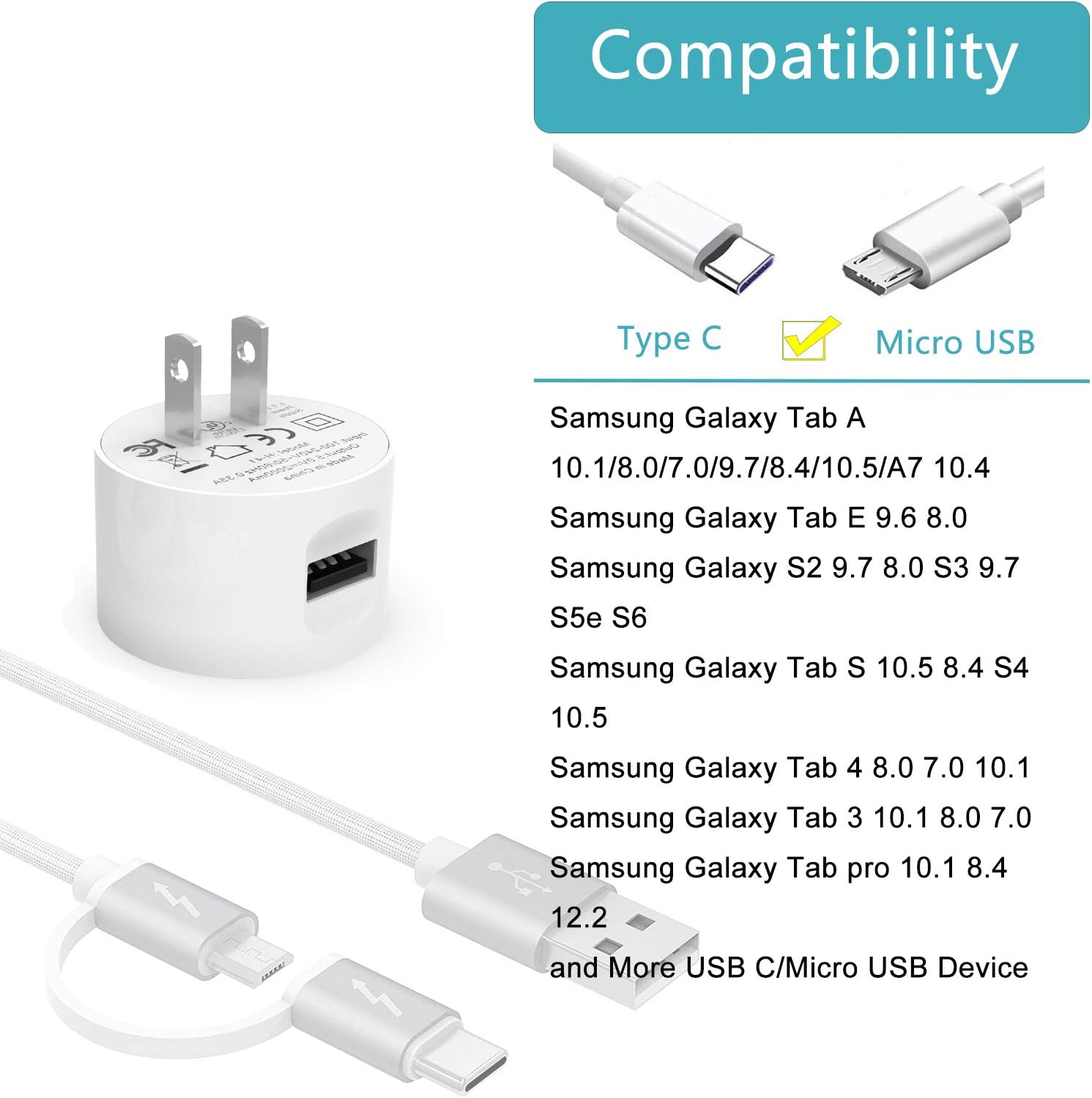 AC Charger Fit for Samsung Galaxy Tab A E,S,S2,3,4, 10.1" 7.0" 8.0" 8.4" 9.6" 9.7",SM-T580/T380/T280/P580/T387/T377/T800