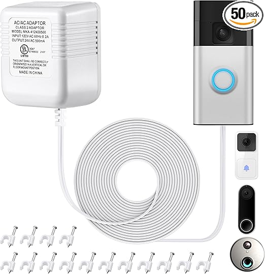 24V Doorbell Transformer, 16.4ft Long C Wire Power Supply 500mA Video Doorbell Power Adapter, with 48PCS Cable Clips Com