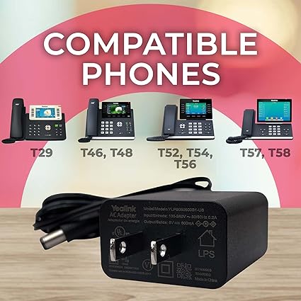 Yealink Phone Power Adapter PS5V2000US - for Yealink Telephones SIP-T29G, T46S T48S, T58A, T58-CAM, T54W, T57W, MP54, MP