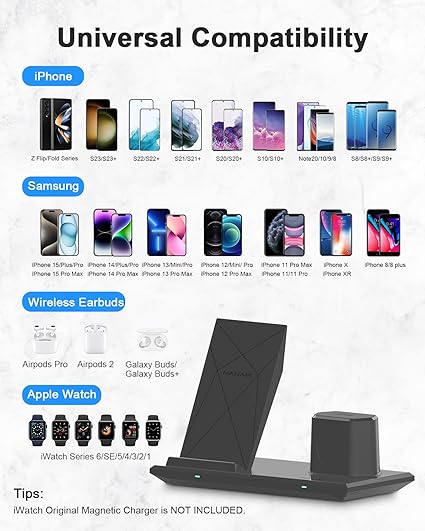 Wireless Charger 3 in 1 Fast Wireless Charging Station for Apple Watch Series 5/4/3/2/1,AirPods Pro, iPhone 15/14/13/12/