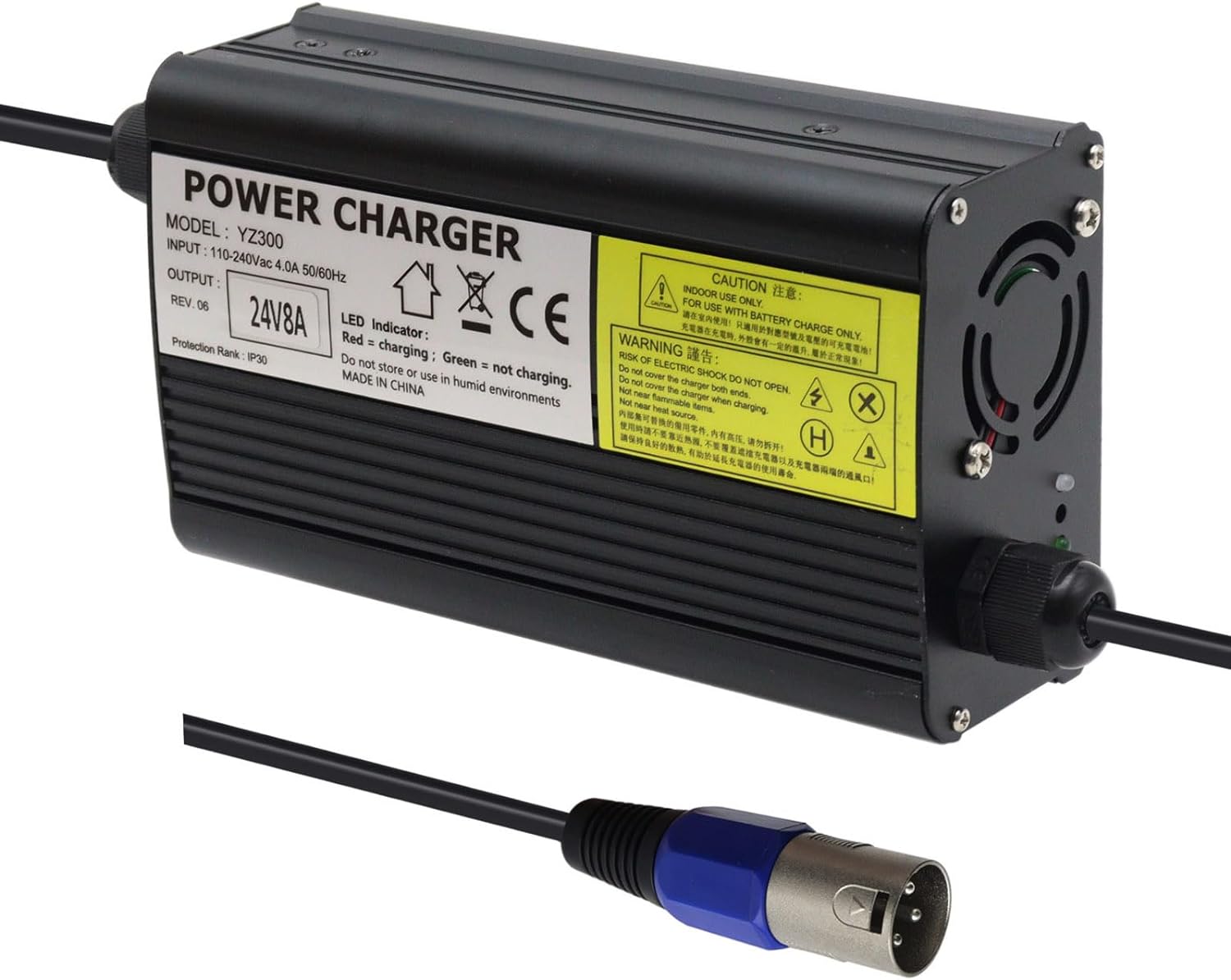 24V 8A Battery Charger with 3-Pin XLR Connector for Sealed AGM, Gel, 24BC8000T-1, Jazzy 1450, Invacare Pronto M51, tdx 3