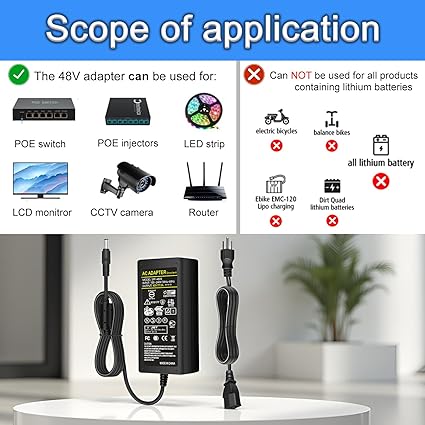 AC DC 48V 3A Power Supply Adapter 144W 48V Charger 48V 3A Switching Power Transformers Interface 5.5 x 2.5mm Suitable fo