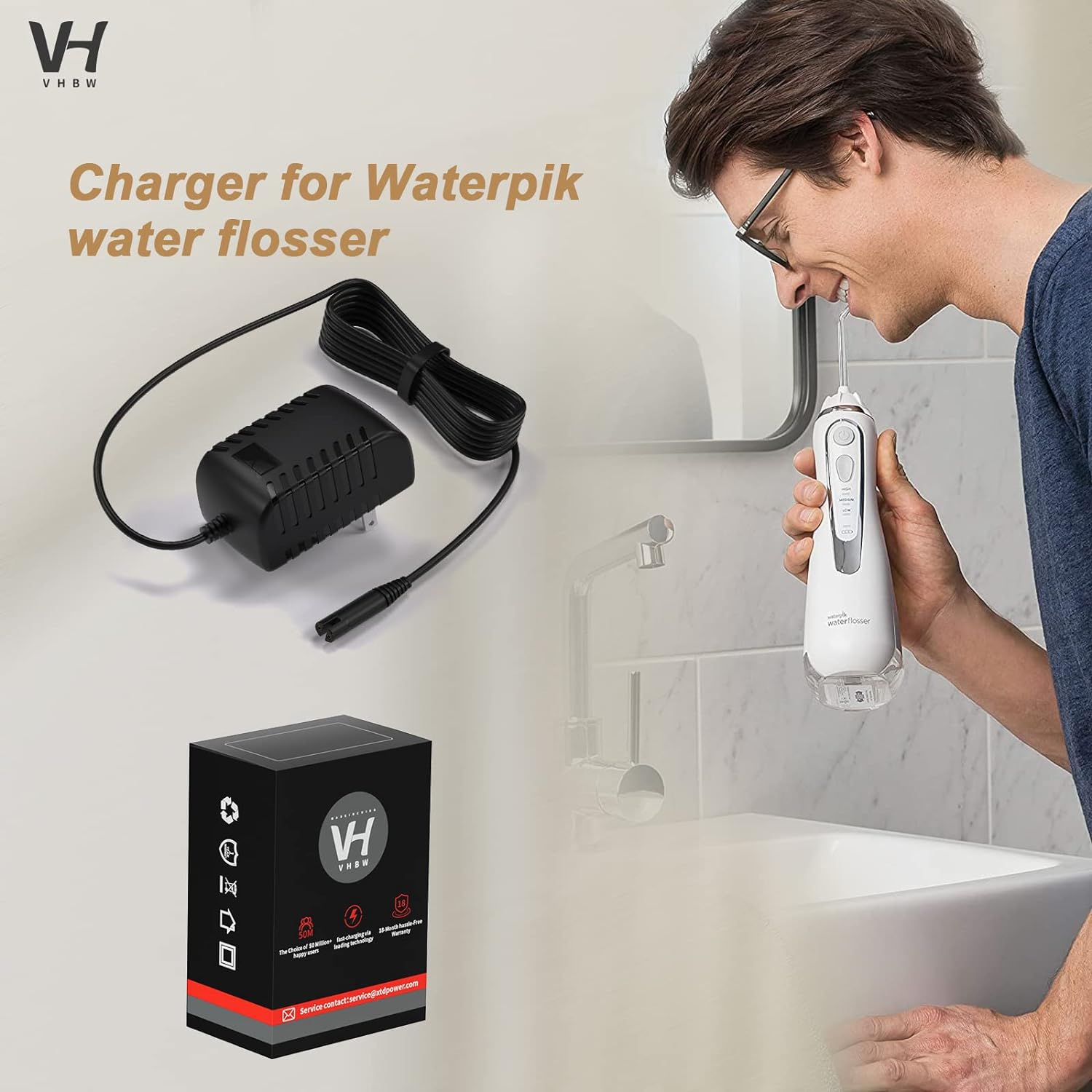 Replacement for Waterpik Charger Compatible with WP360 WP360W WP462 WP462W WP450 WP450W Power Cord 【Two Prong Adapter】