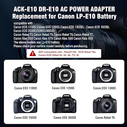 ACK-E10 AC Power Supply Adapter DR-E10 Dummy Battery Kit Replace LP-E10 Battery for Canon EOS Rebel T3 T5 T6 T7 1100D 12