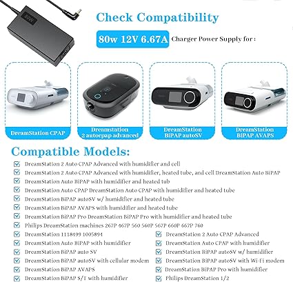 80W Charger for Philips Dreamstation DS500 DS700 ST25 ST30,12V 6.67A AC Adapter for Philips DreamStation 2 Auto CPAP Sup 80W Charger for Philips Dreamstation DS500 DS700 ST25 ST30,12V 6.67A AC Adapter for Philips DreamStation 2 Auto CPAP Sup