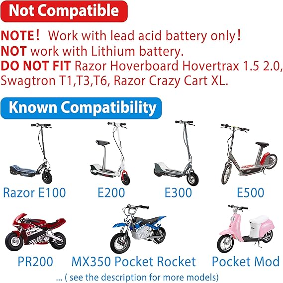 24V 1.5A Electric Scooter Charger for Razor E100, E200, E300, E500, PR200, MX350, Dirt Bike, Pocket Mod, Sports Mod, and