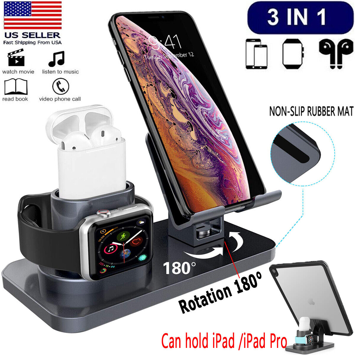 3 in 1 Charging Dock Station Holder Stand For Apple Watch AirPods/iPhone 11/iPad Number of Ports 3 Design/Finish 3 in 1 - Click Image to Close