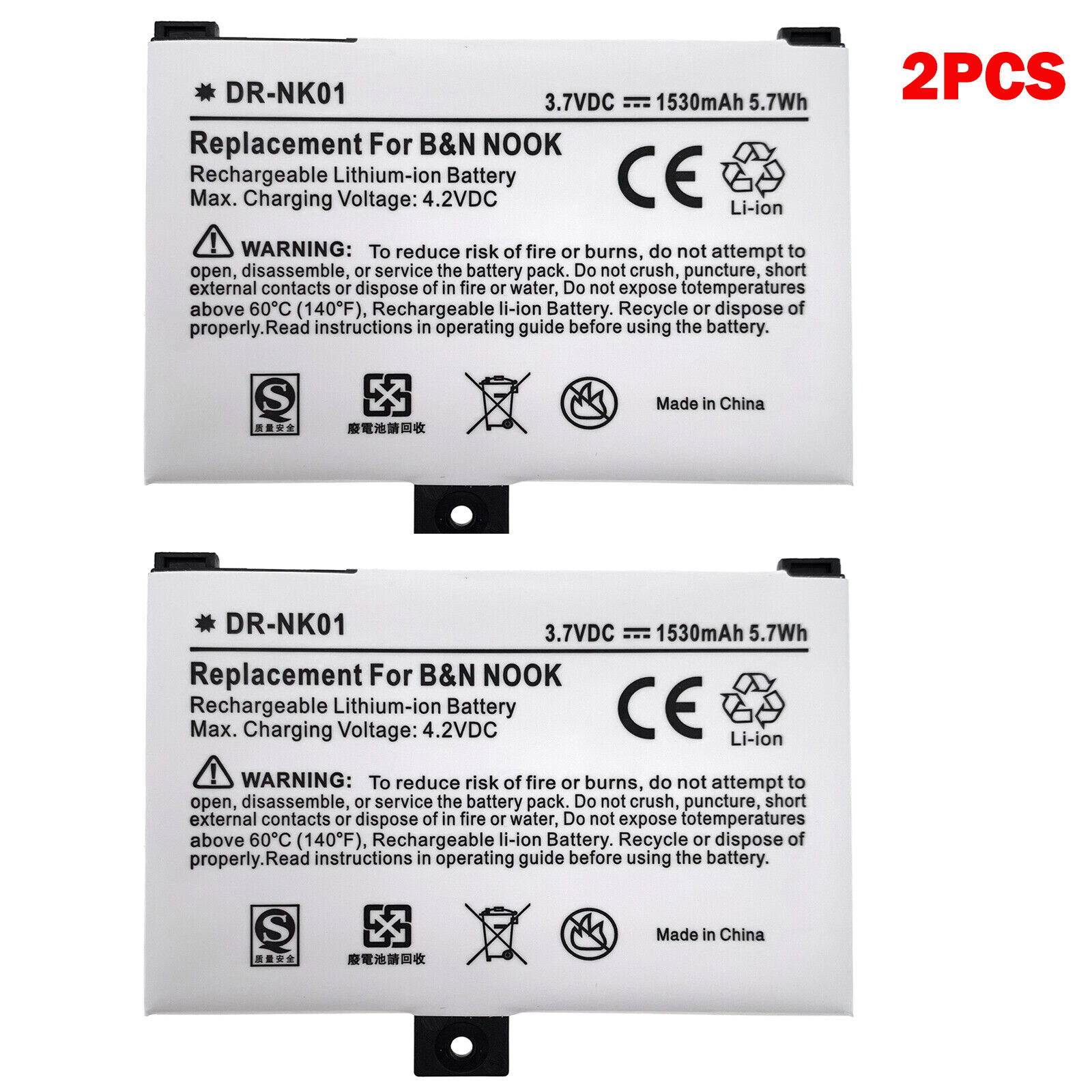 2pcs Battery for Barnes & Noble Nook 005 Classic BNRV100 BNRZ100 BNRB1530 Brand Unbranded/Generic Capacity 1530mAh Comp