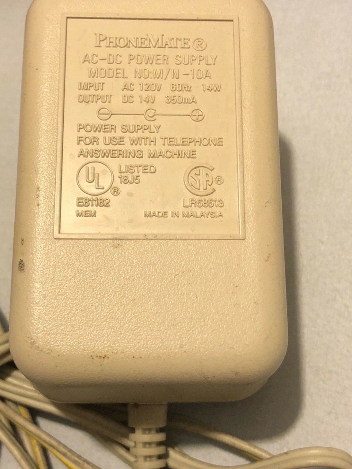 Phonemate M/N-10A 14V 350MA Adapter MPN: M/N-10A Brand: PhoneMate Output Voltage: 14 V 350MA Phonemate M/N-10A 14V
